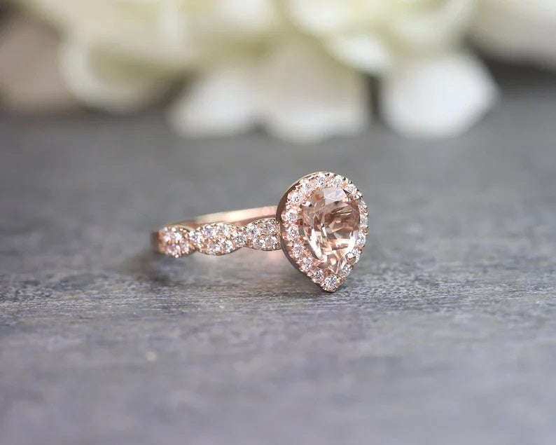 14K PEAR MORGANITE DIAMOND HALO TWIST RING