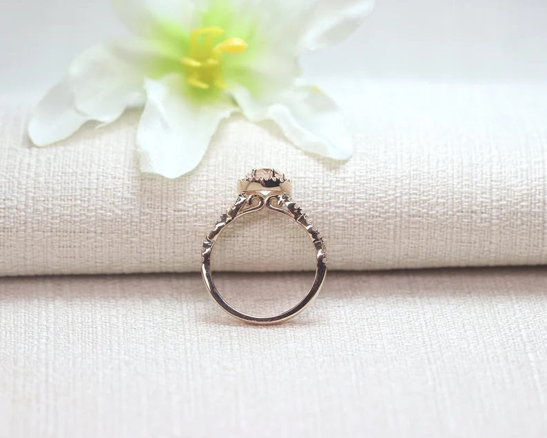 14K PEAR MORGANITE DIAMOND HALO TWIST RING