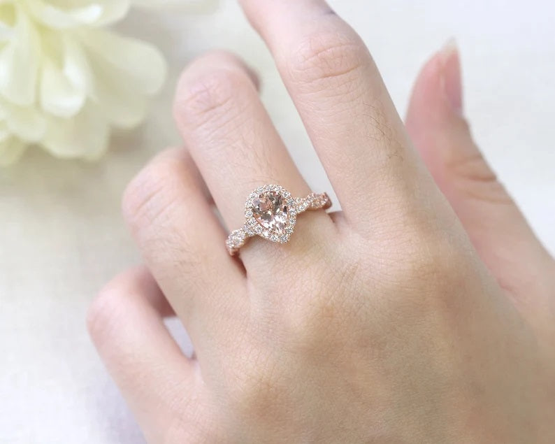 14K PEAR MORGANITE DIAMOND HALO TWIST RING