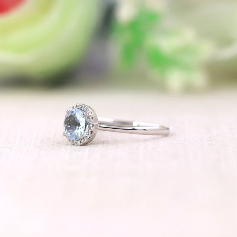 14K AQUAMARINE DIAMOND HALO SOLITAIRE RING