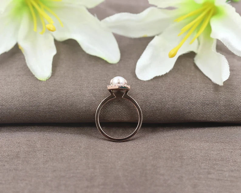 14K PEARL DIAMOND HALO HEXAGON RING