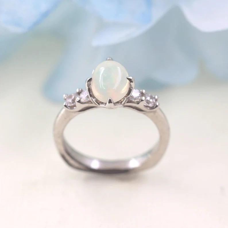 14K OVAL OPAL DIAMOND SQUARE BOTTOM RING