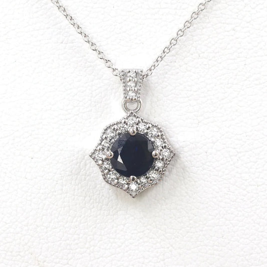 14K ROUND SAPPHIRE DIAMOND VINTAGE NECKLACE