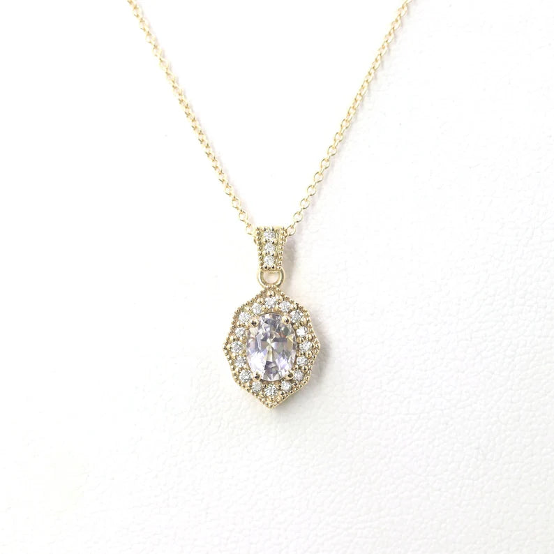 14K OVAL WHITE SAPPHIRE DIAMOND VINTAGE NECKLACE