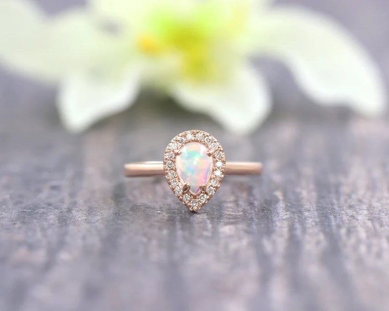 14K PEAR OPAL DIAMOND HALO RING