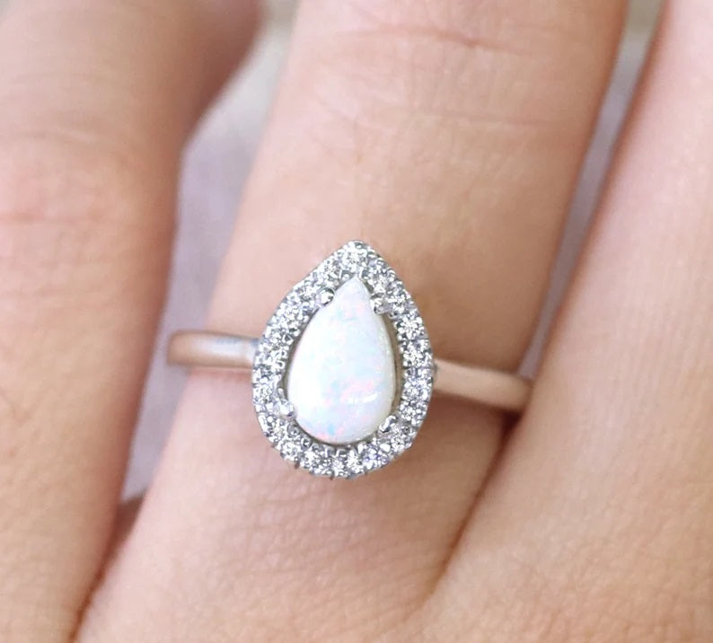 14K PEAR OPAL DIAMOND HALO RING