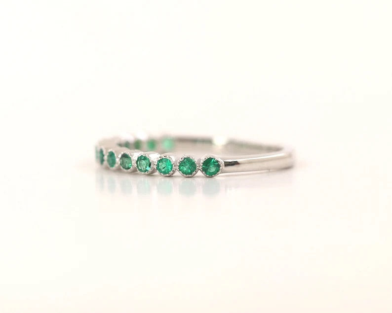 14K EMERALD BEZEL MILGRAIN HALF ETERNITY BAND