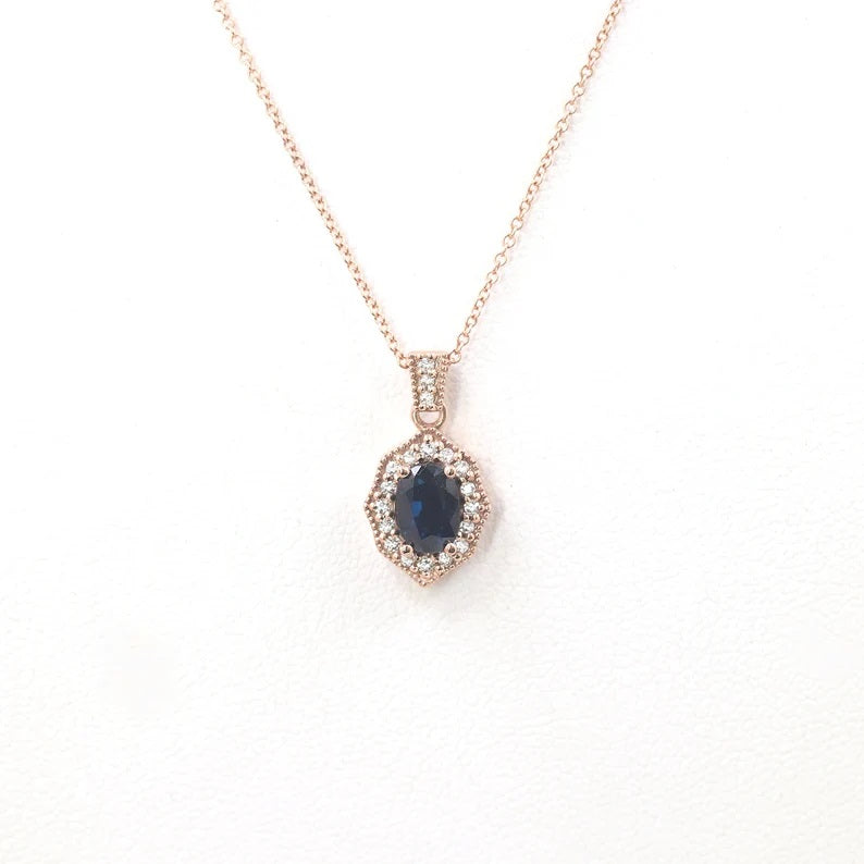 14K OVAL SAPPHIRE DIAMOND VINTAGE NECKLACE