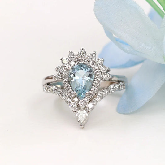 14K PEAR AQUAMARINE DIAMOND HALO CROWN CHEVRON RING