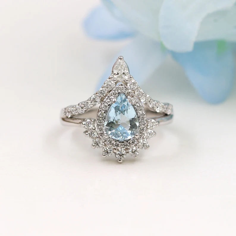 14K PEAR AQUAMARINE DIAMOND HALO CROWN CHEVRON RING