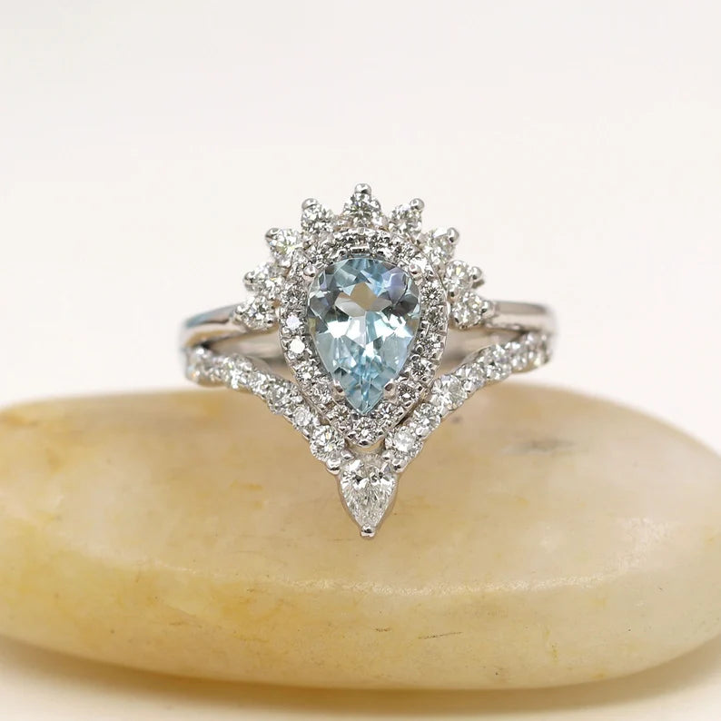 14K PEAR AQUAMARINE DIAMOND HALO CROWN CHEVRON RING