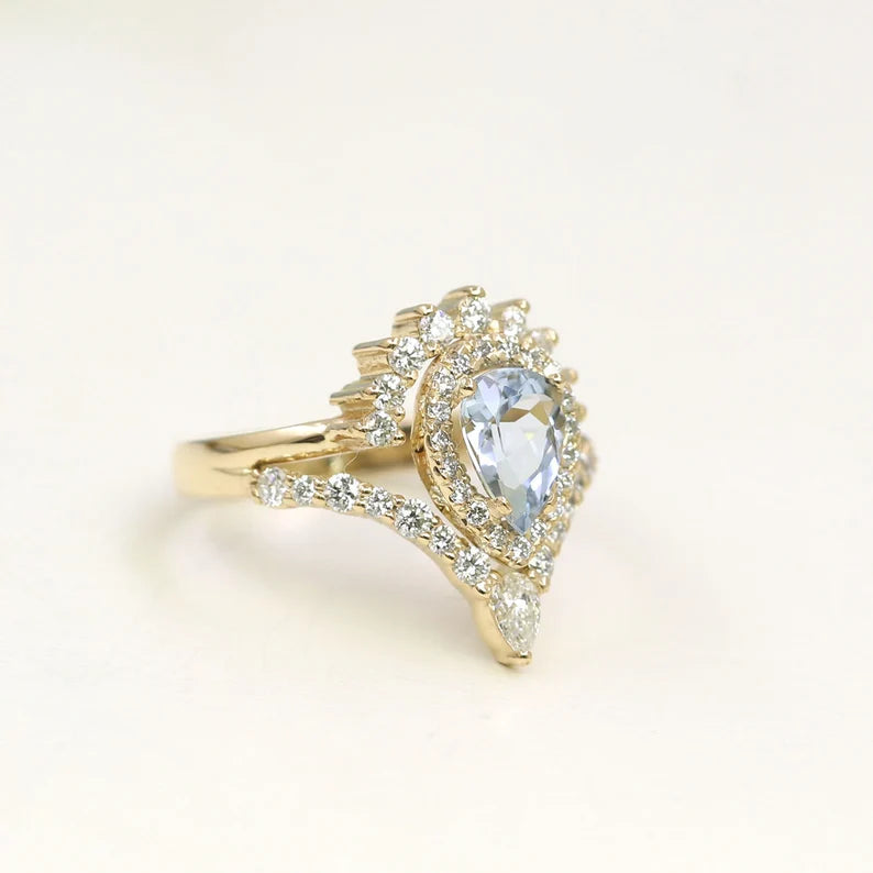 14K PEAR AQUAMARINE DIAMOND HALO CROWN CHEVRON RING