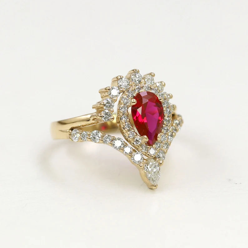 14K LAB RUBY DIAMOND HALO CHEVRON RING