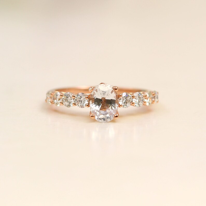 14K OVAL WHITE SAPPHIRE DIAMOND RING