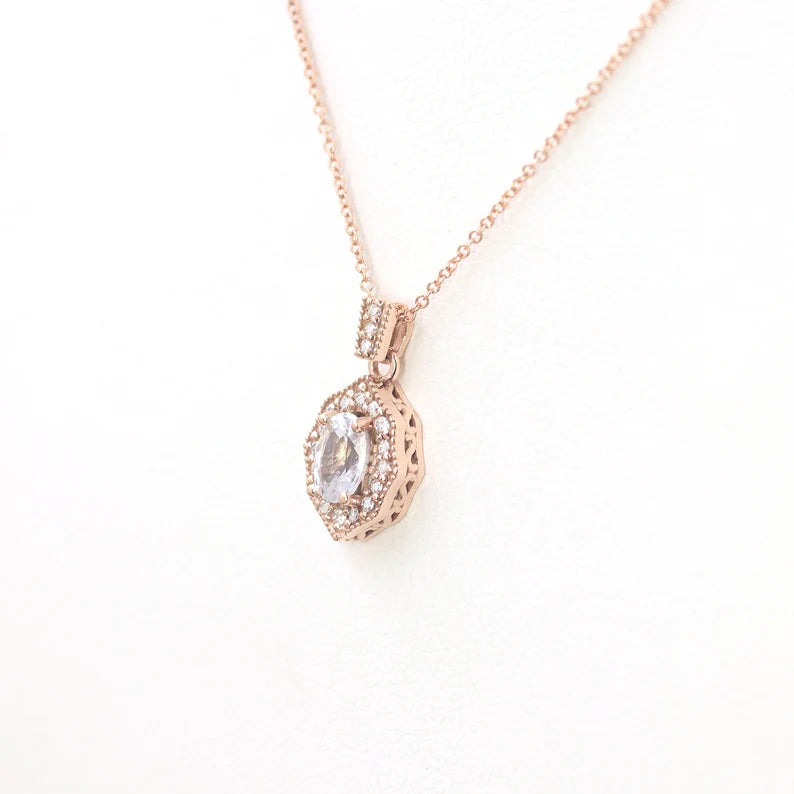 14K OVAL WHITE SAPPHIRE DIAMOND VINTAGE NECKLACE