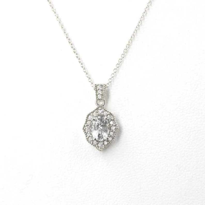 14K OVAL WHITE SAPPHIRE DIAMOND VINTAGE NECKLACE