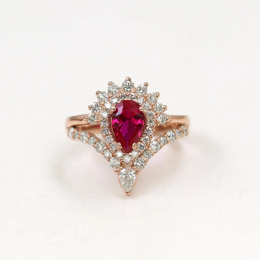 14K RUBY DIAMOND HALO CHEVRON RING