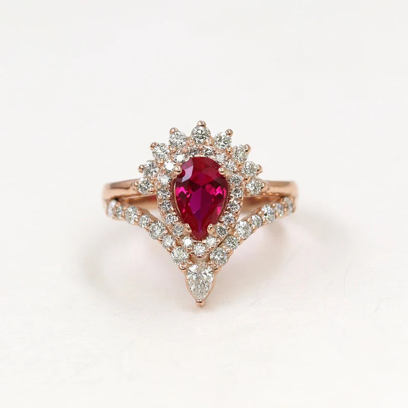 14K LAB RUBY DIAMOND HALO CHEVRON RING