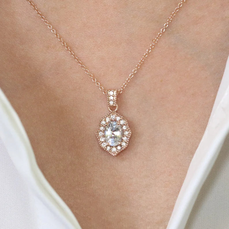 14K OVAL WHITE SAPPHIRE DIAMOND VINTAGE NECKLACE