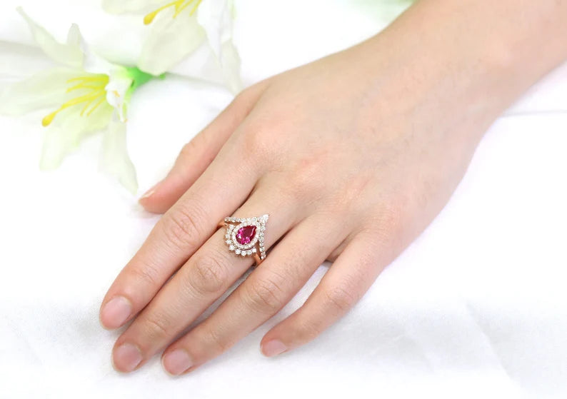 14K RUBY DIAMOND HALO CHEVRON RING