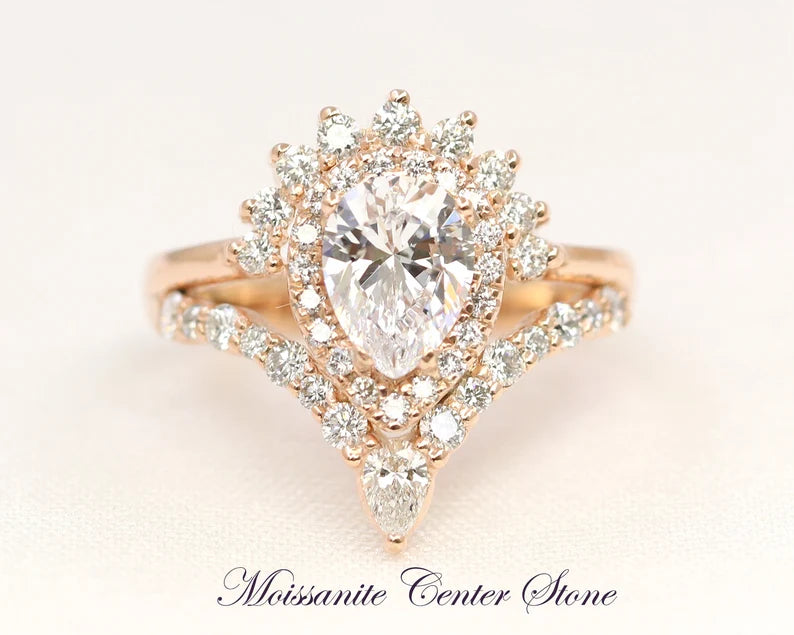 14K PEAR MOISSANITE DIAMOND HALO CROWN RING