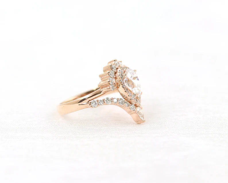 14K PEAR MOISSANITE DIAMOND HALO CROWN RING