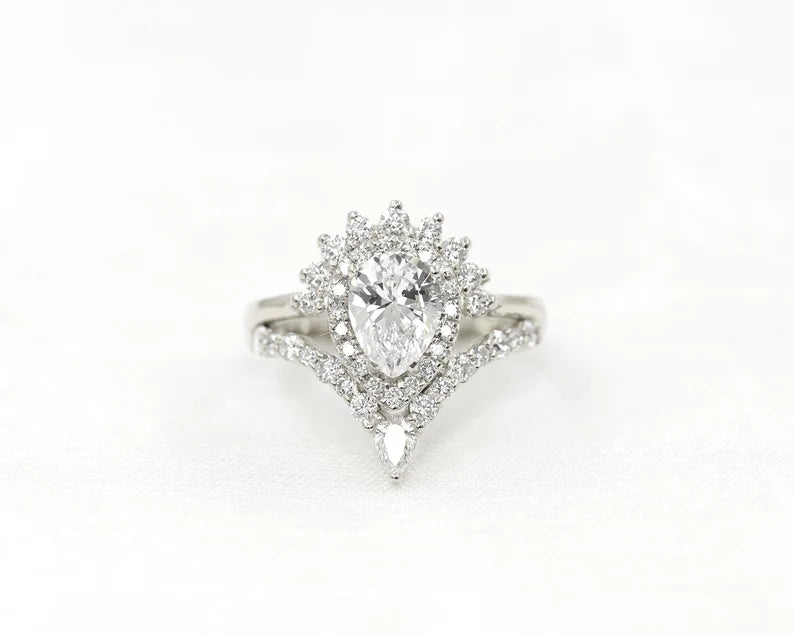 14K PEAR MOISSANITE DIAMOND HALO CROWN RING