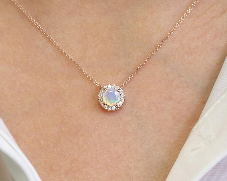 14K OPAL DIAMOND HALO NECKLACE