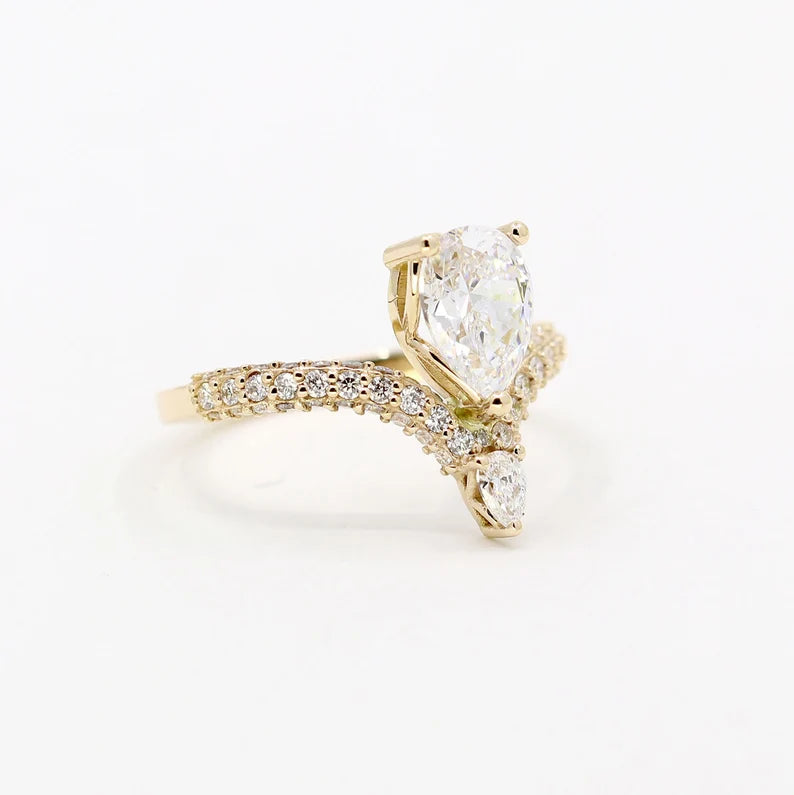 14K PEAR MOISSANITE DIAMOND CHEVRON RING