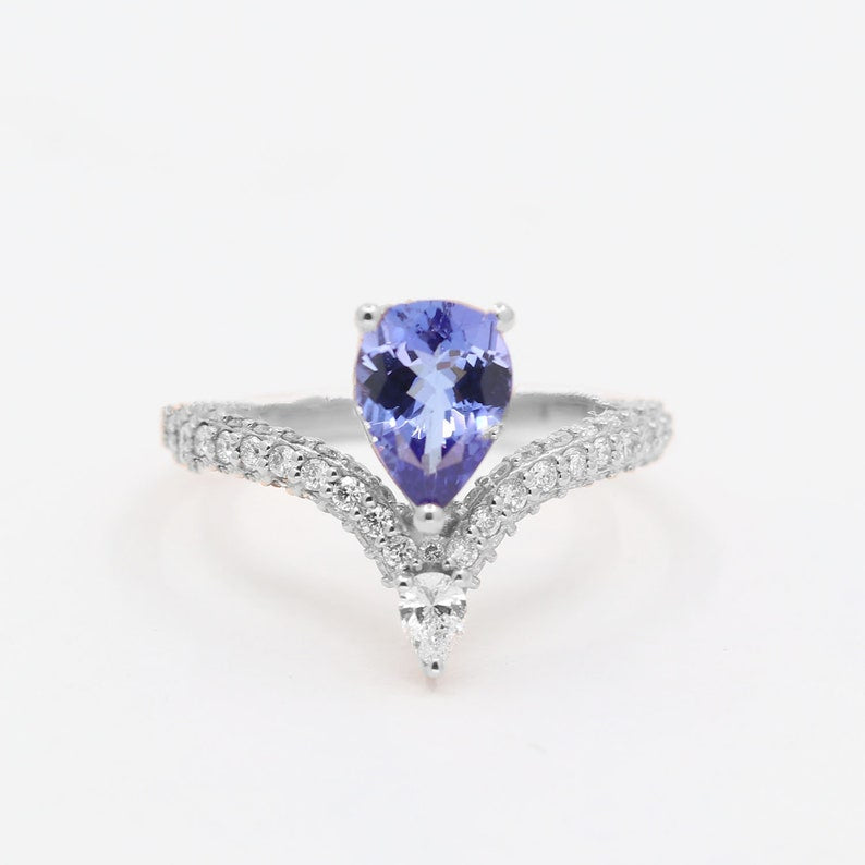 14K PEAR TANZANITE DIAMOND CHEVRON RING