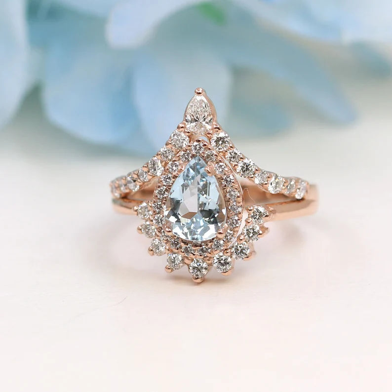 14K PEAR AQUAMARINE DIAMOND HALO CROWN CHEVRON RING