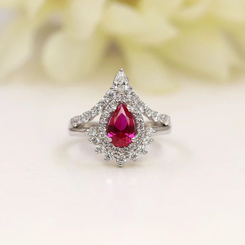 14K LAB RUBY DIAMOND HALO CHEVRON RING