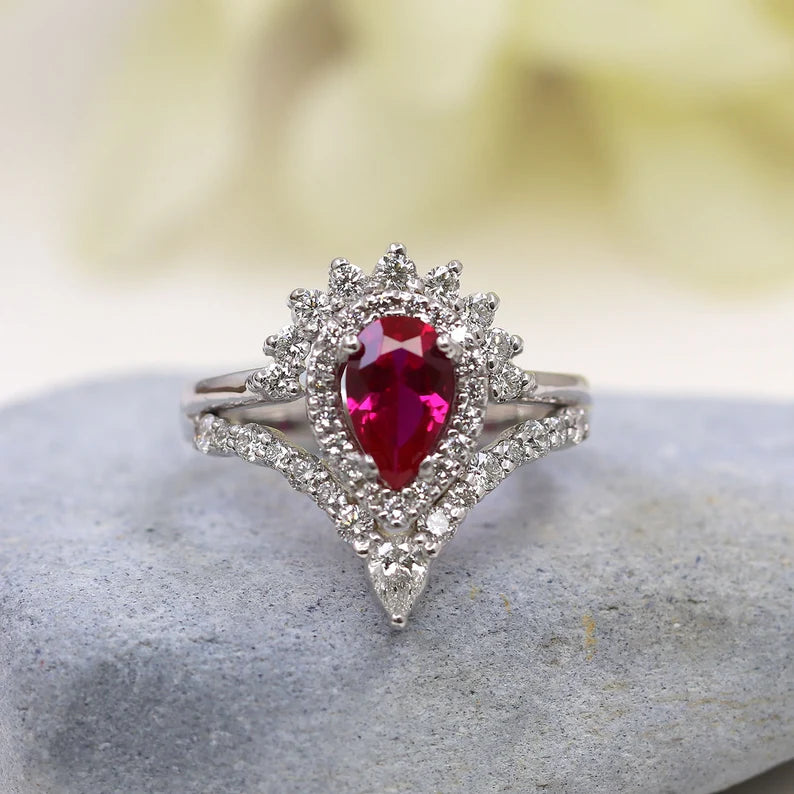14K LAB RUBY DIAMOND HALO CHEVRON RING