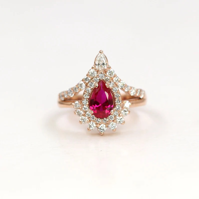 14K LAB RUBY DIAMOND HALO CHEVRON RING