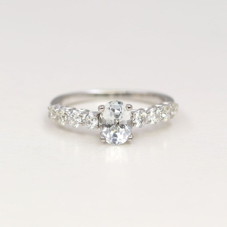 14K OVAL WHITE SAPPHIRE DIAMOND RING