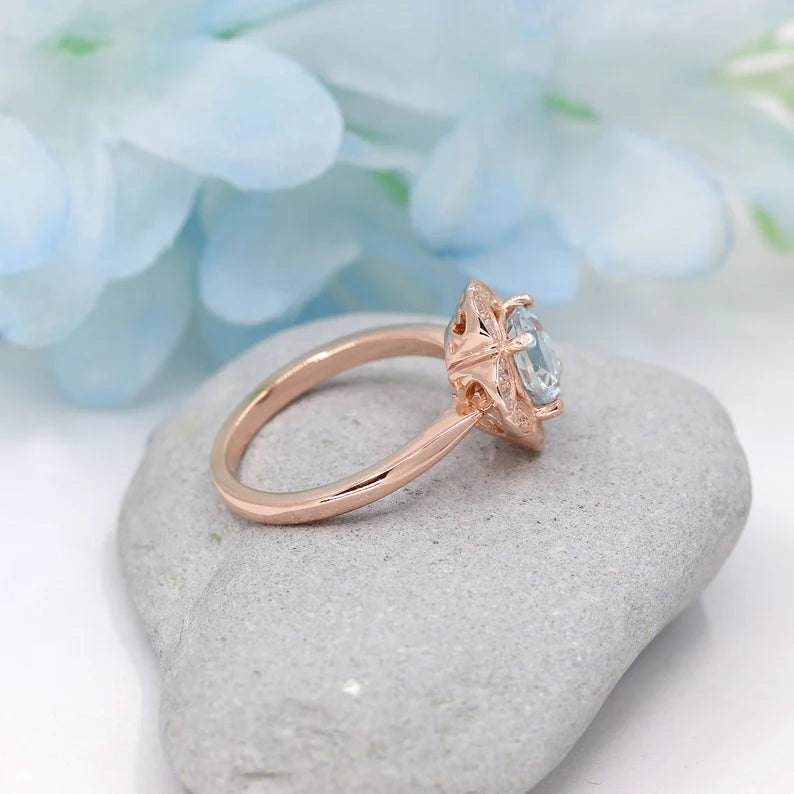 14K AQUAMARINE DIAMOND FLOWER RING