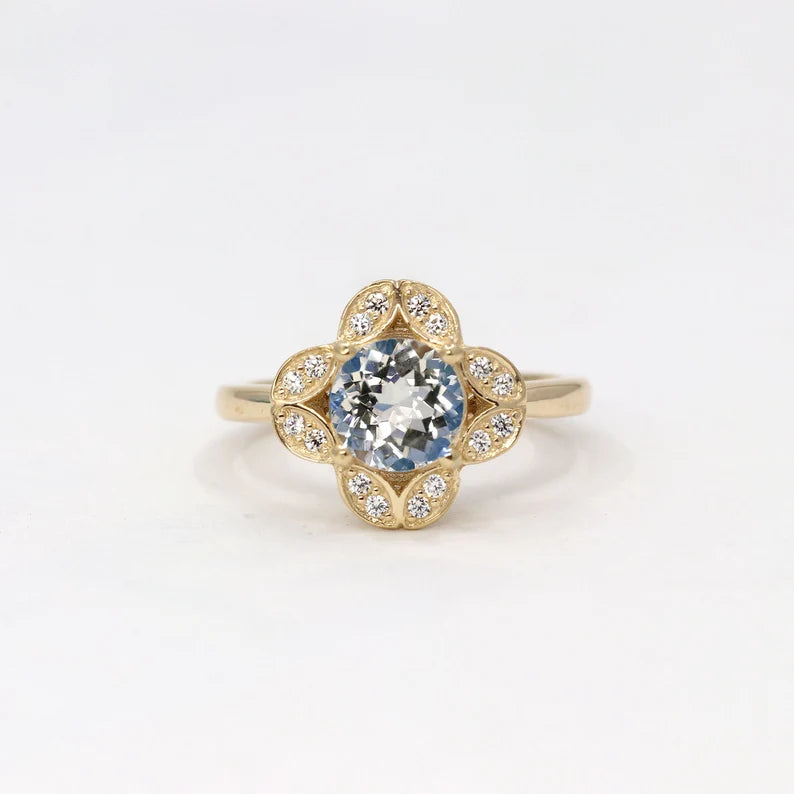 14K AQUAMARINE DIAMOND FLOWER RING