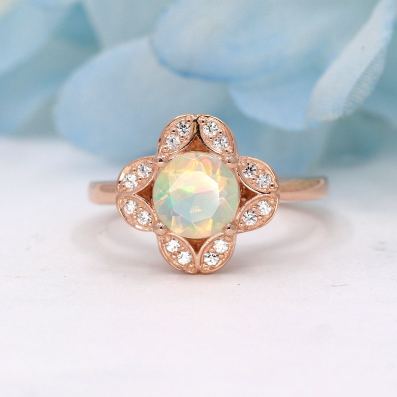 14K OPAL DIAMOND FLOWER RING