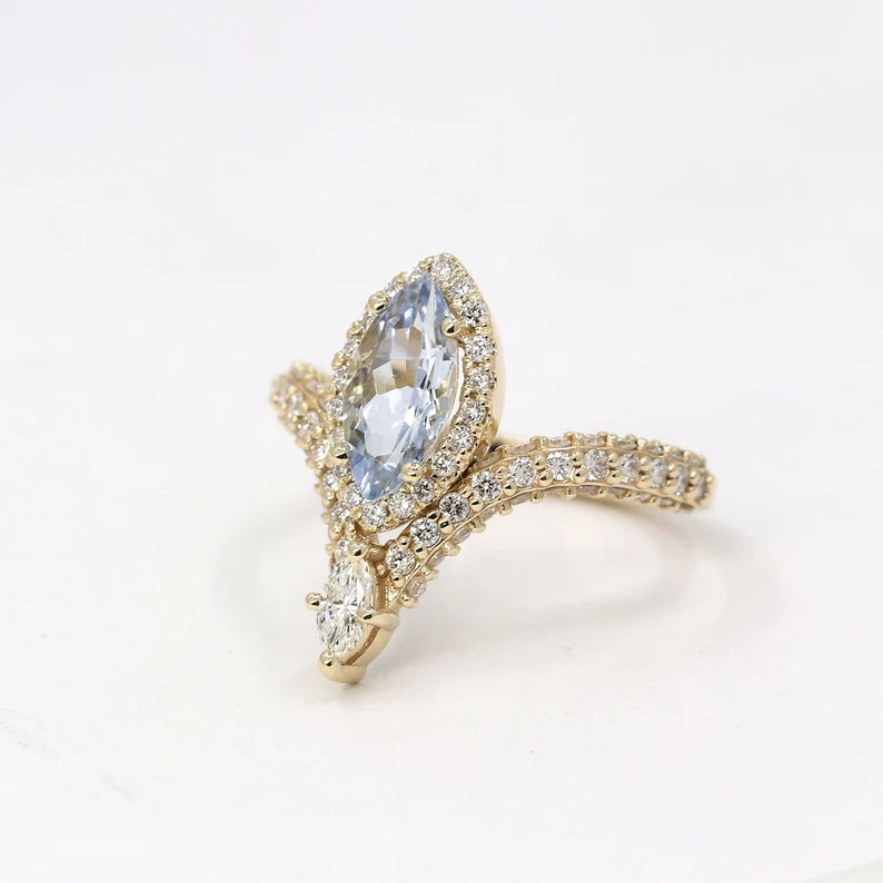 14K MARQUISE AQUAMARINE DIAMOND HALO CHEVRON RING