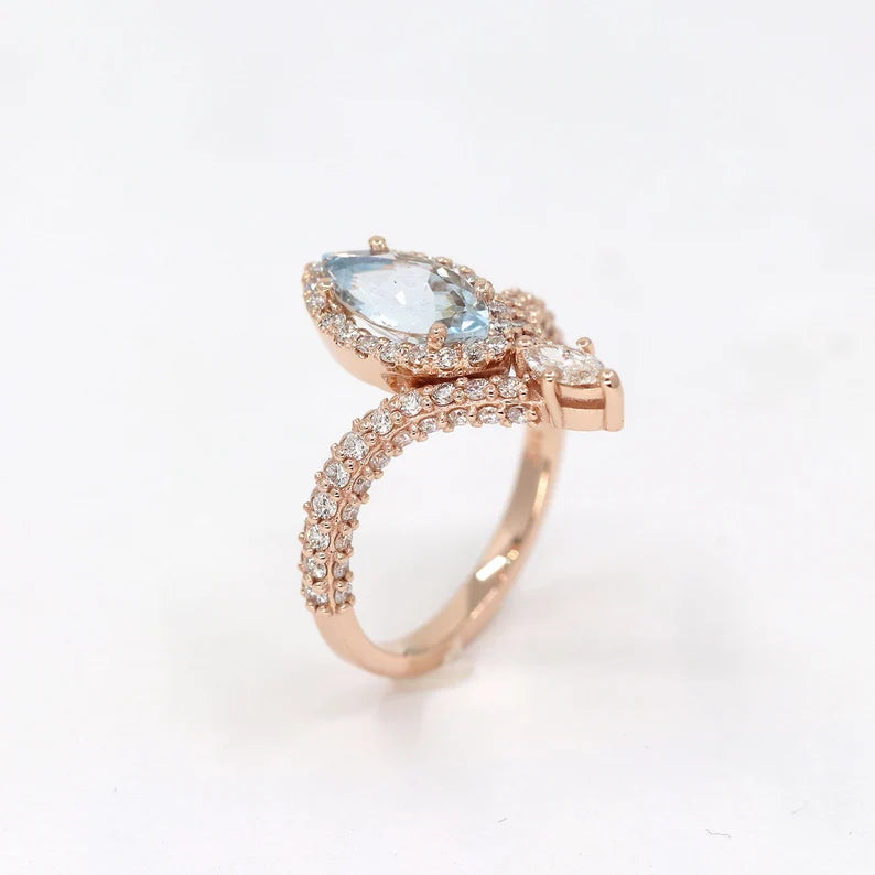 14K MARQUISE AQUAMARINE DIAMOND HALO CHEVRON RING