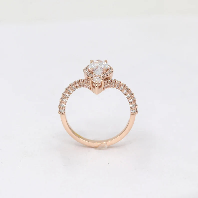 14K MARQUISE MOISSANITE DIAMOND HALO CHEVRON RING