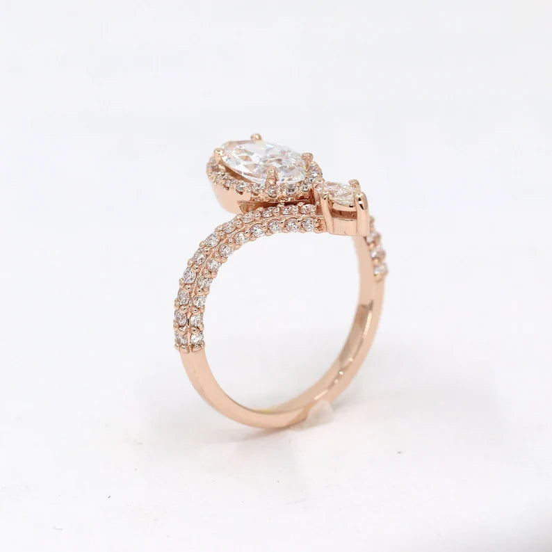 14K MARQUISE MOISSANITE DIAMOND HALO CHEVRON RING