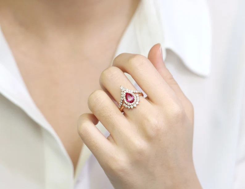 14K LAB RUBY DIAMOND HALO CHEVRON RING