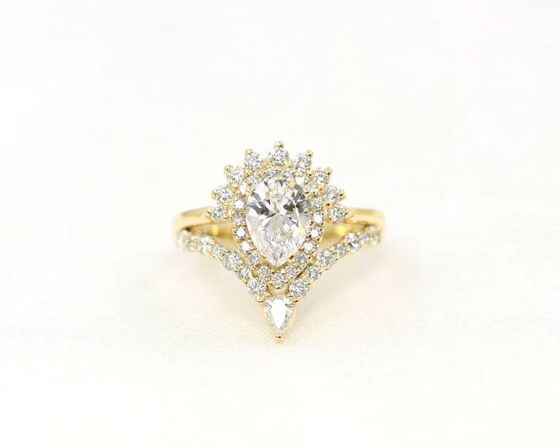 14K PEAR MOISSANITE DIAMOND HALO CROWN RING