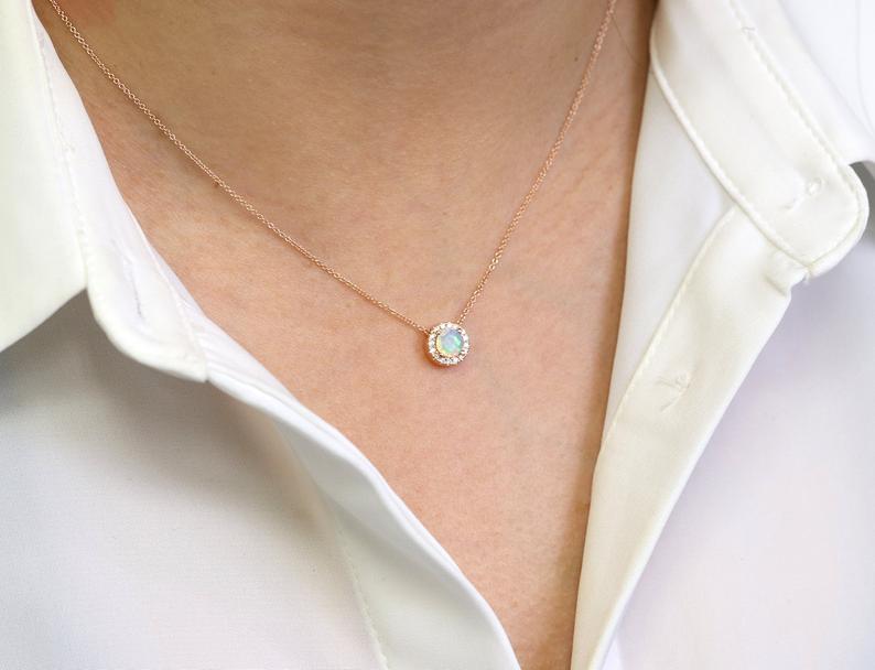 14K OPAL DIAMOND HALO NECKLACE