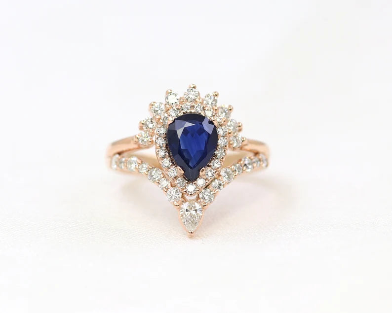 14K SAPPHIRE DIAMOND HALO CHEVRON RING