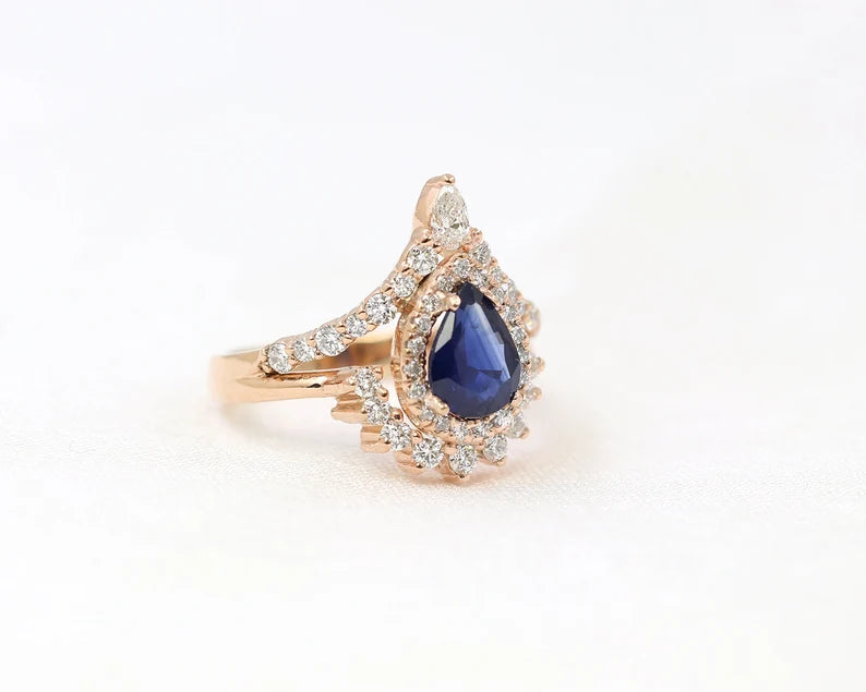 14K SAPPHIRE DIAMOND HALO CHEVRON RING