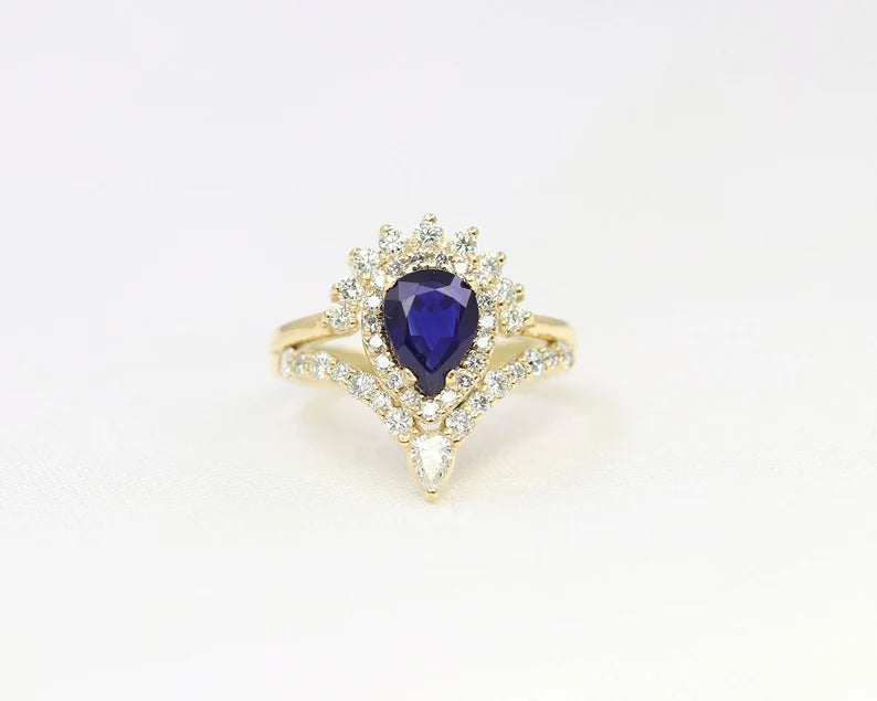 14K SAPPHIRE DIAMOND HALO CHEVRON RING