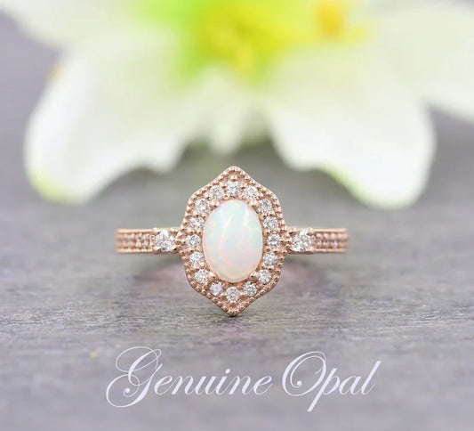 14K OPAL DIAMOND HALO VINTAGE STYLE RING