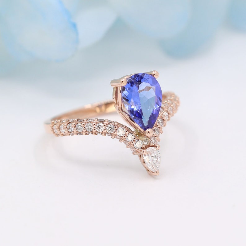 14K PEAR TANZANITE DIAMOND CHEVRON RING